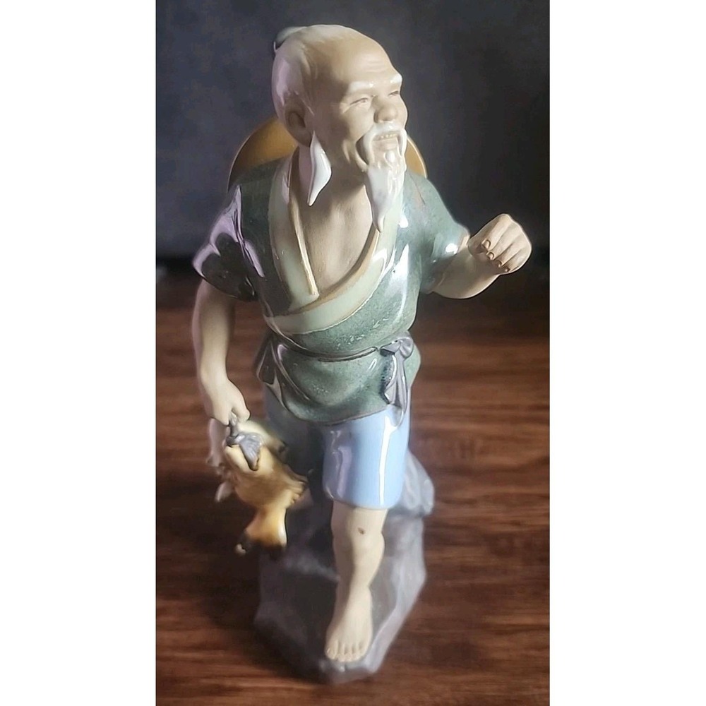 Shiwan Mudman Standing Holding Fish Chinese Clay Ceramic Figurine Decor Vintage